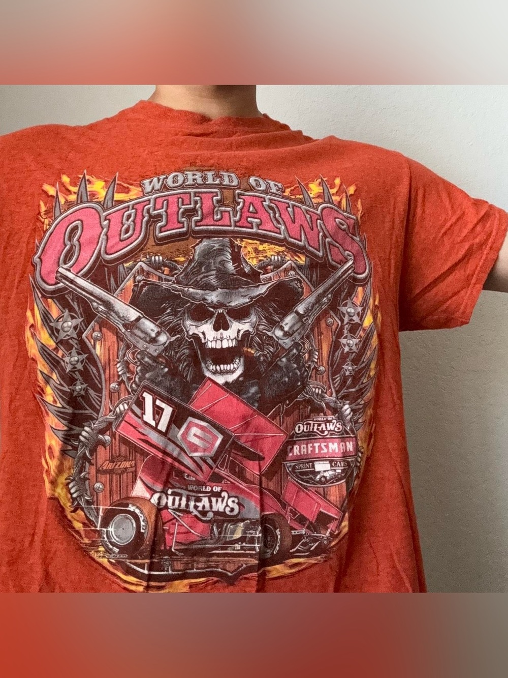 Vintage 2000s World of Outlaws Racing AOP Graphics Orange Tee Shirt